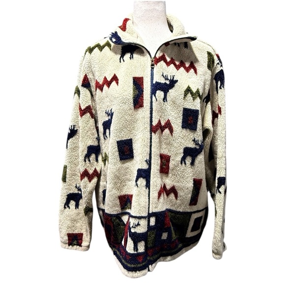 Woolrich Jackets & Blazers - Woolrich VTG Fleece Zip-Up Jacket Moose Size M Outdoor Camp Sherpa Wildlife